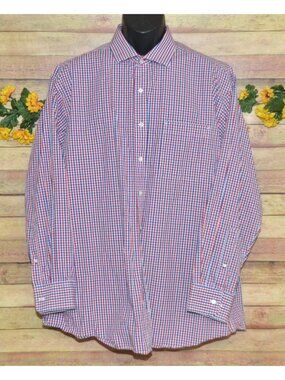 Tommy Hilfiger 17.5 34/35 Regular Fit Dress Shirt Red Blue Plaid Cotton Button